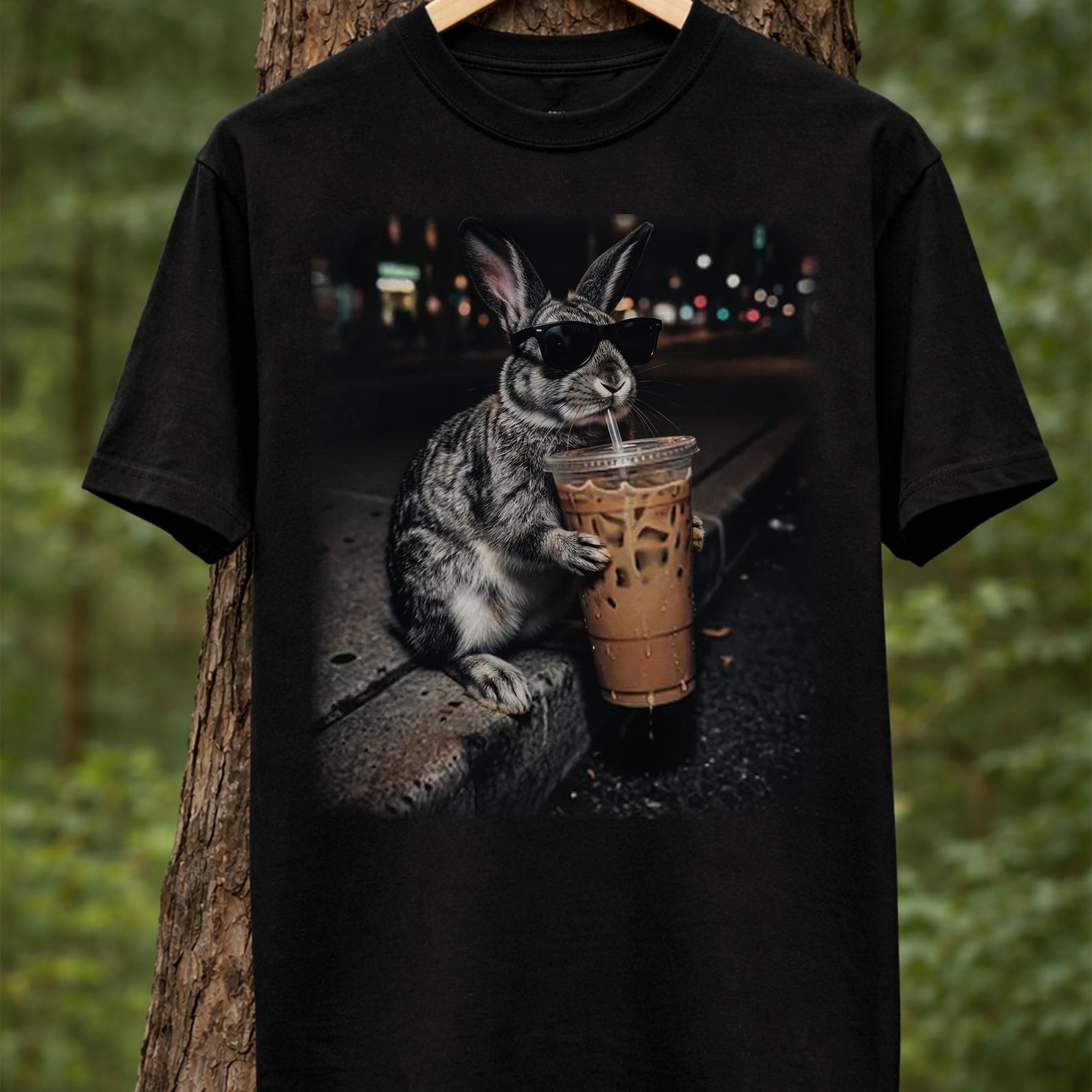 Funny Easter Bunny Drinking Iced Coffee Shirt, Funny Animal Meme Tee, Dark Humor T-Shirt M