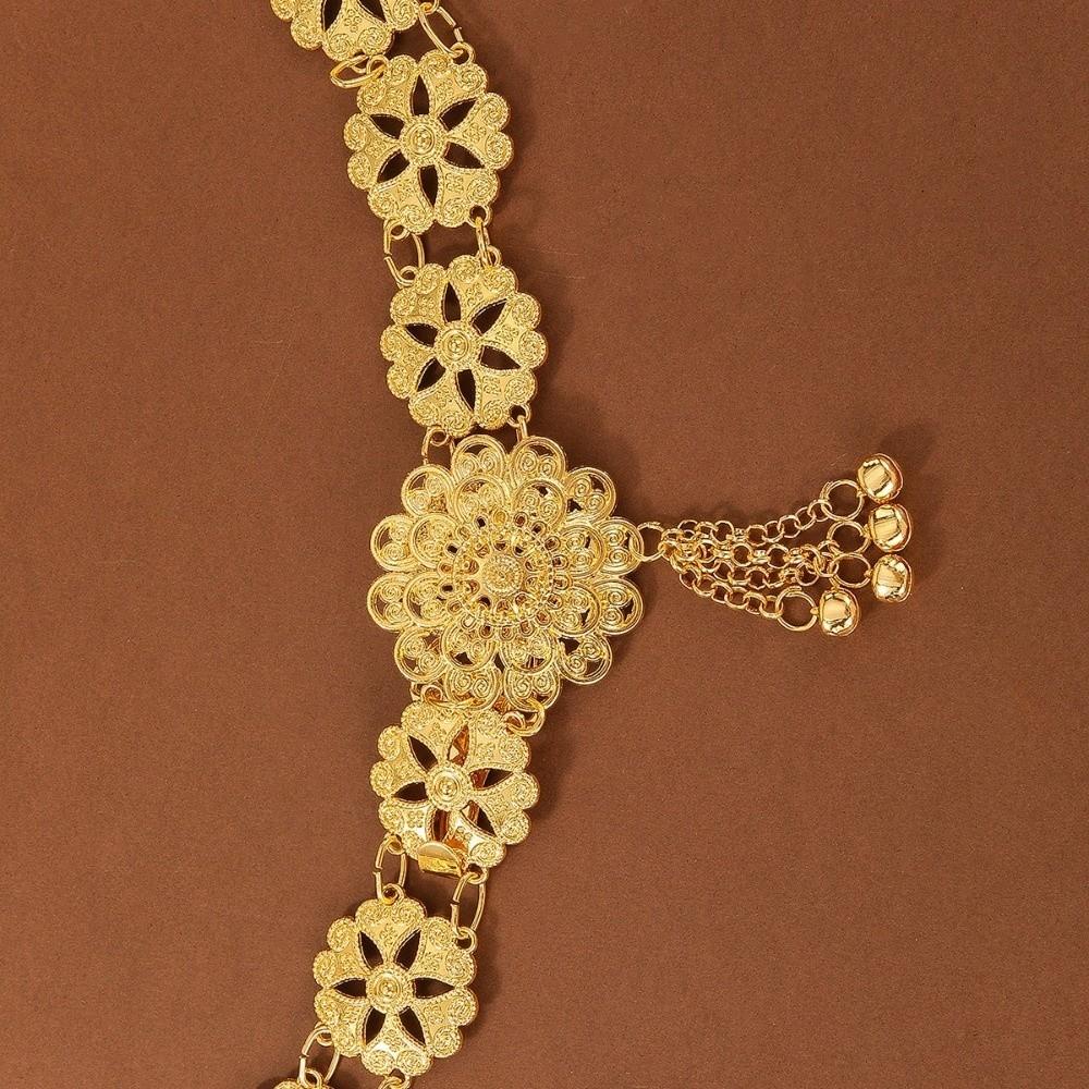 Retro Water-Sprinkling Festival Waist Chain Hollow Out Gold Color Thai Belly Waist Chain Flower Pattern Tassel Detail Metal Belt