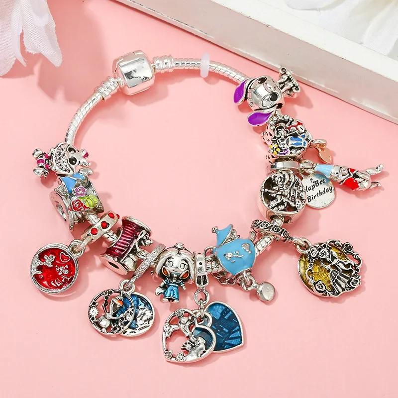 Colors Enamel Disney Princess Dress Charms Pulseiras for Girls Colorful Glass Beads Bracelets&Bangles Women Cartoon Skirt Dangle