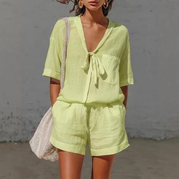 Women's Solid Color V Neck Tie Knot Short Sleeve Shirt Loose Casual Shorts 2 Piece Summer Outfit Set