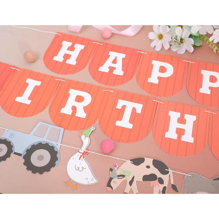 Farm Happy Birthday Banner - Kids Farmyard Birthday Party Decorations, Farm Animals Party Supplies, Happy Birthday Banner with Tractor, Farm Theme