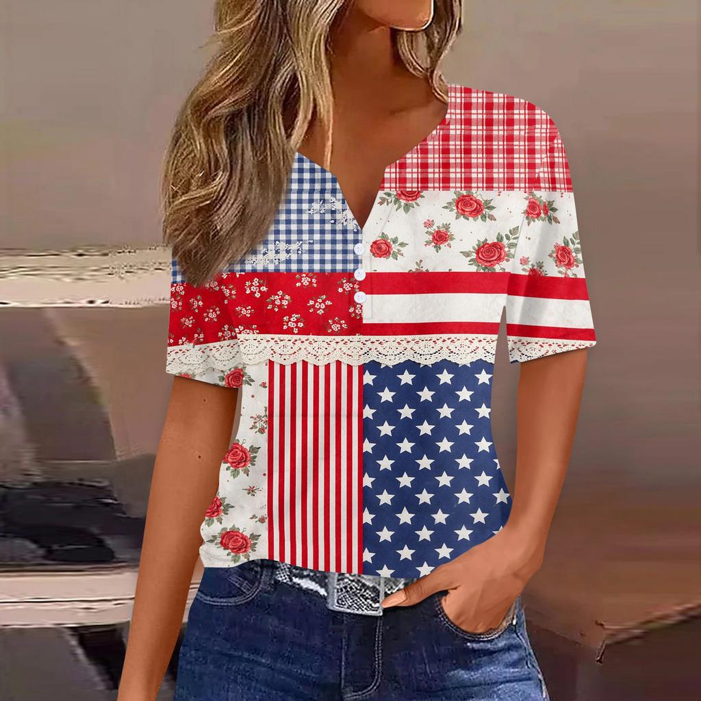 Women's Fashion Casual Independence Day Print V-Neck Short Sleeve Button-Up T-Shirt Top