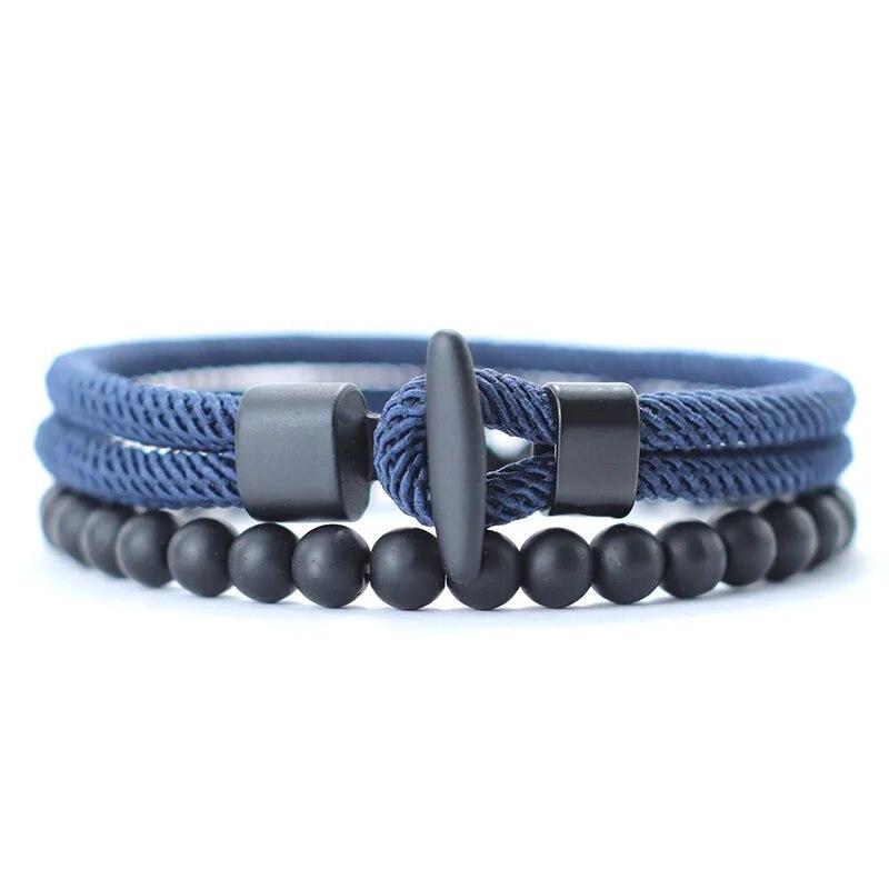 Mode 2 stuks/set Heren Armband Natuurlijke 6mm Onyx Steen Kralen Armband Homme 4mm Touw Nautische Armband Vrijetijdsaccessoires Pulseria