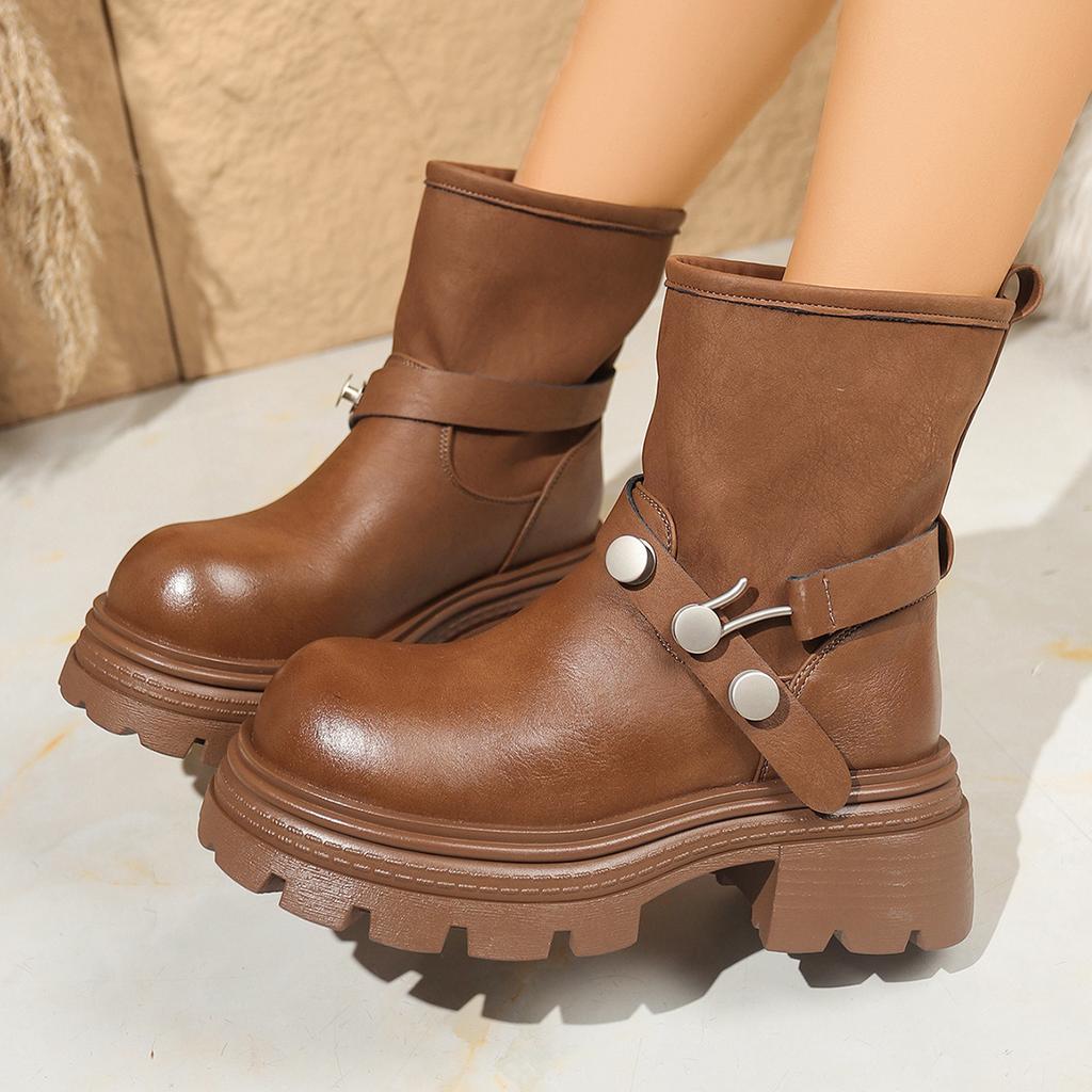 2025 Autumn and Winter Retro Thick-soled Thick-heeled Versatile Belt Buckle Martin Boots Women's Short Boots Flanged Casual Tooling Locomotive Tide