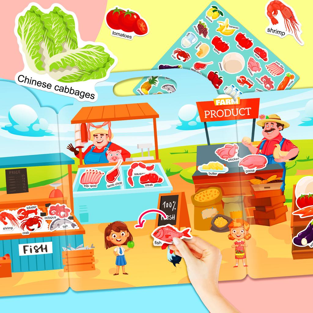 DIY quiet book farmer's market children's picture recognition puzzle stickers parent-child interactive fun toys jelly sticker book