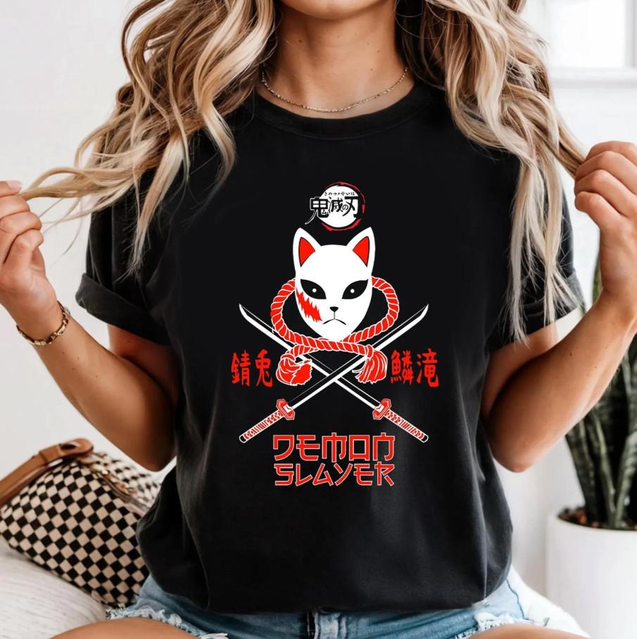 

Японская аниме футболка с маской лисы, стильная графическая футболка по мотивам «Истребителя демонов» 4XL