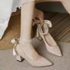 Wedding Strap and Wedding Dress High Heels Bride Thick Strap 5cm Maternity Shoes Fashion Beige One Word Spring and Autumn Bridesmaid Shoes