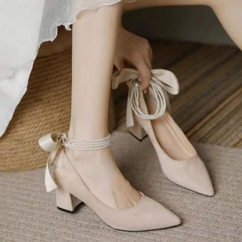 Wedding Strap and Wedding Dress High Heels Bride Thick Strap 5cm Maternity Shoes Fashion Beige One Word Spring and Autumn Bridesmaid Shoes