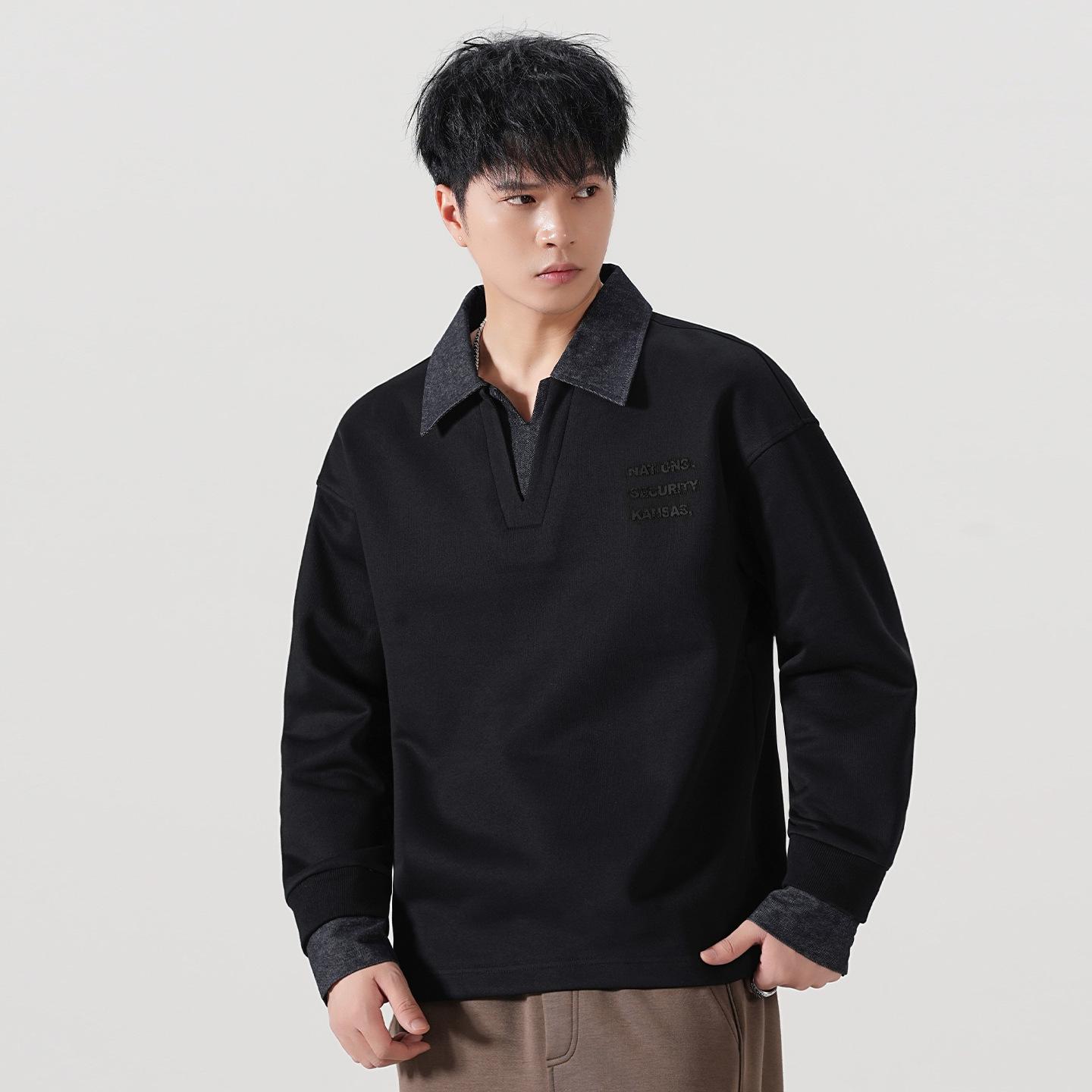 

Men s Heavyweight Denim Patchwork Velvet Hoodie - American Style Lapel Polo Shirt S (90-110 Jin)