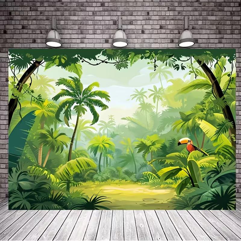 2D Cartoon Jungle Backdrop, Tropical Rainforest with Palm Trees & Toucan Party Photography Background