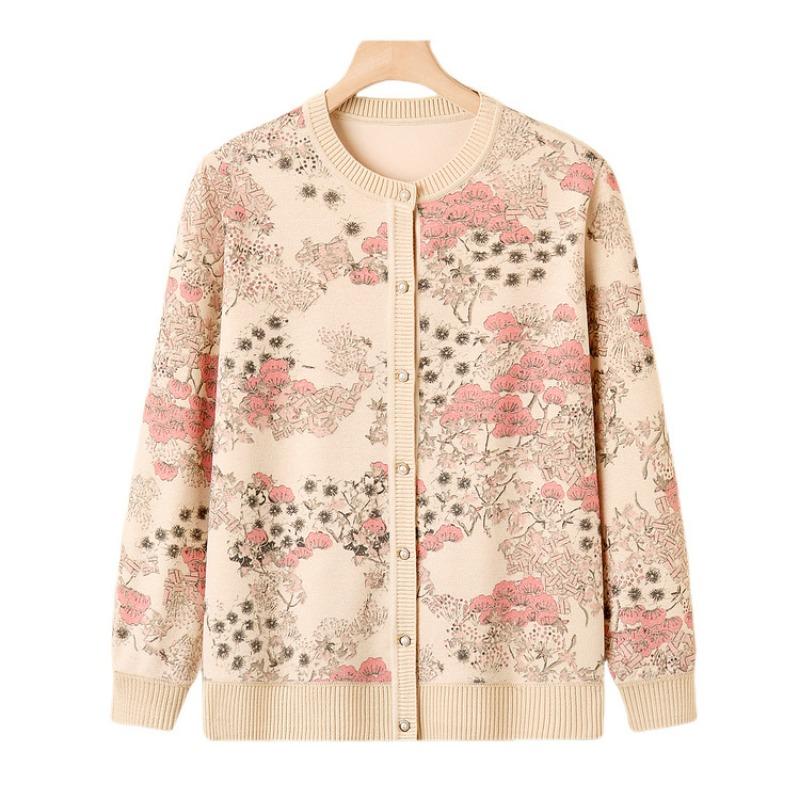 Middle-aged and Elderly Printed Tops, New Mother-0-year-old Middle-aged Women's Long-sleeved Shirts, New Spring and Autumn Clothes