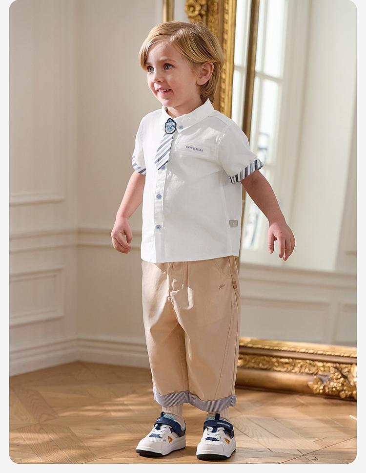 David Bella Boys' Pure Cotton Shirt Summer Clothes Middle and Large Children's White Shirt Children's Short-sleeved Top