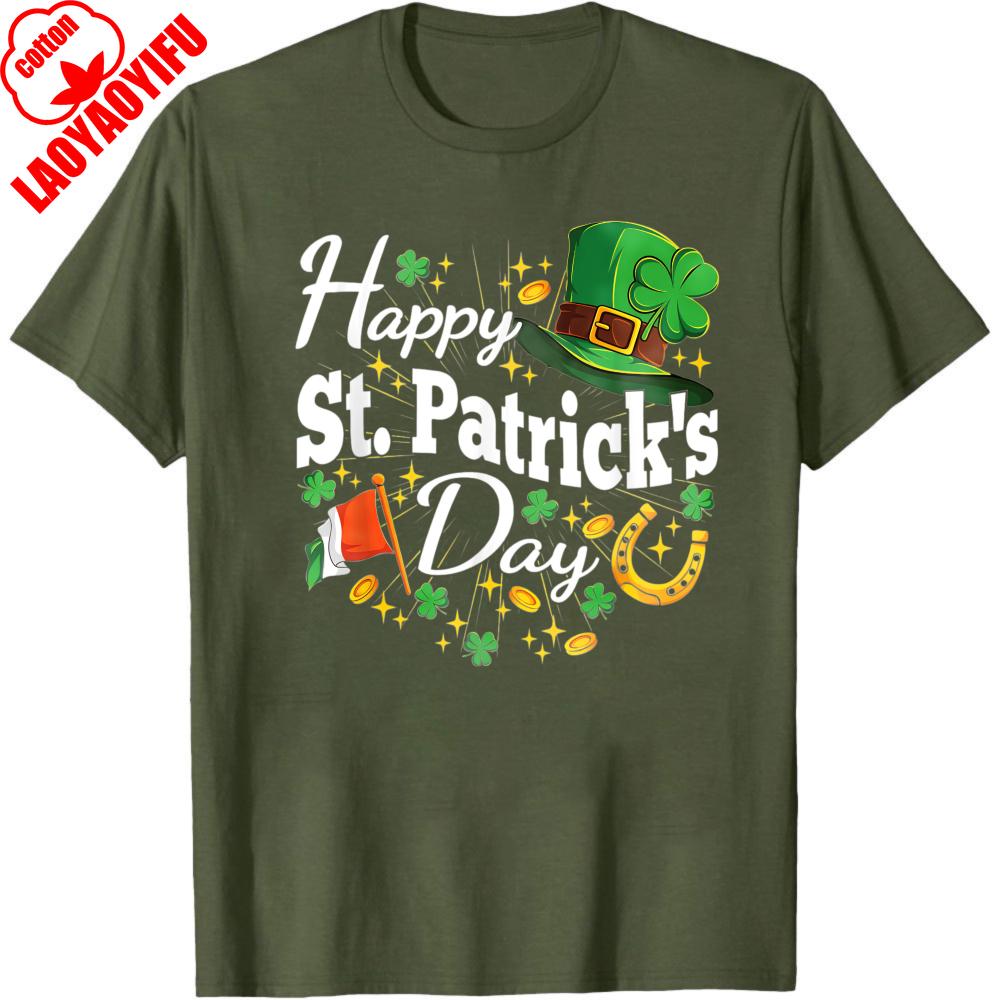 Happy St Patricks Day Irish Hat Shamrocks Horseshoe Flag Party Gift for Him Cotton Short Sleeve Crew Neck Casual Men T Shirt