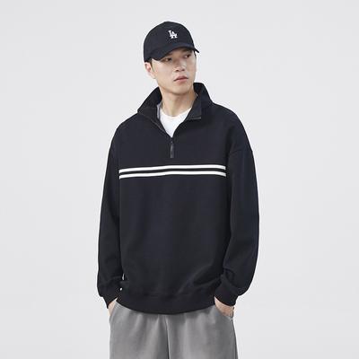 Autumn New Men's Youth Long-sleeved Sweatshirt Stand Collar Pullover Loose Fashion Horizontal Stripes Hong Kong Style Bottoming Trend