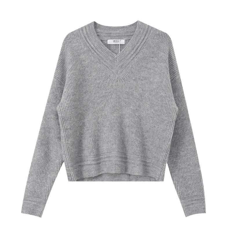 Women's Fluffy Grey Sweetheart Neck Sweater Jacket - Loose Fit Autumn/Winter Outerwear