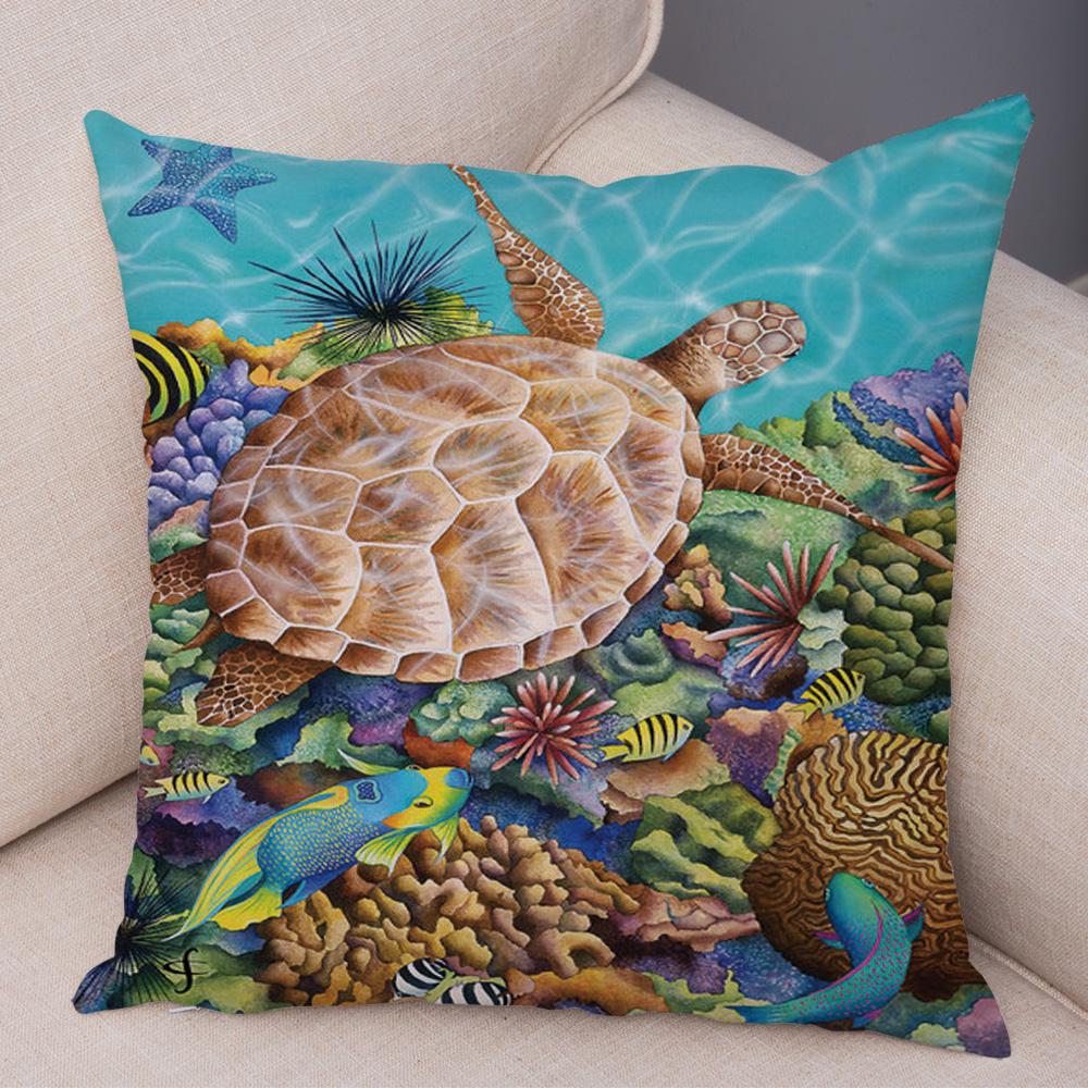 Marine Turtle Dolphins Shark Cushion Cover Short Plush Decor Colorful Ocean Animal Pillowcase Pillow Case for Sofa Home Car