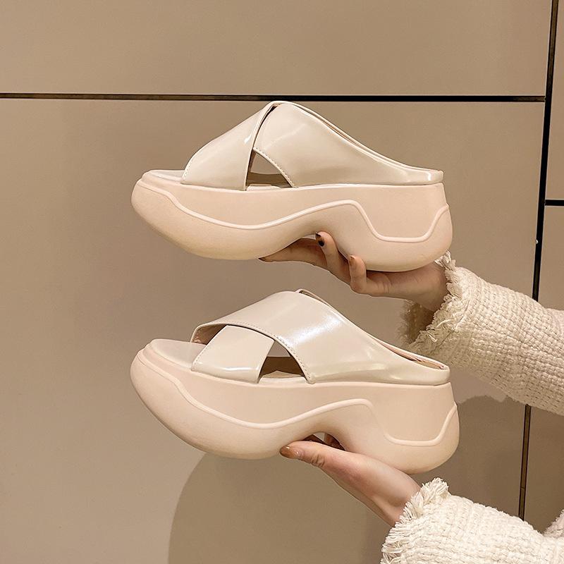 New thick bottom with skirt, going out with advanced super fire heightening sense 2025 slope heel sandals slippers women's summer outside French style