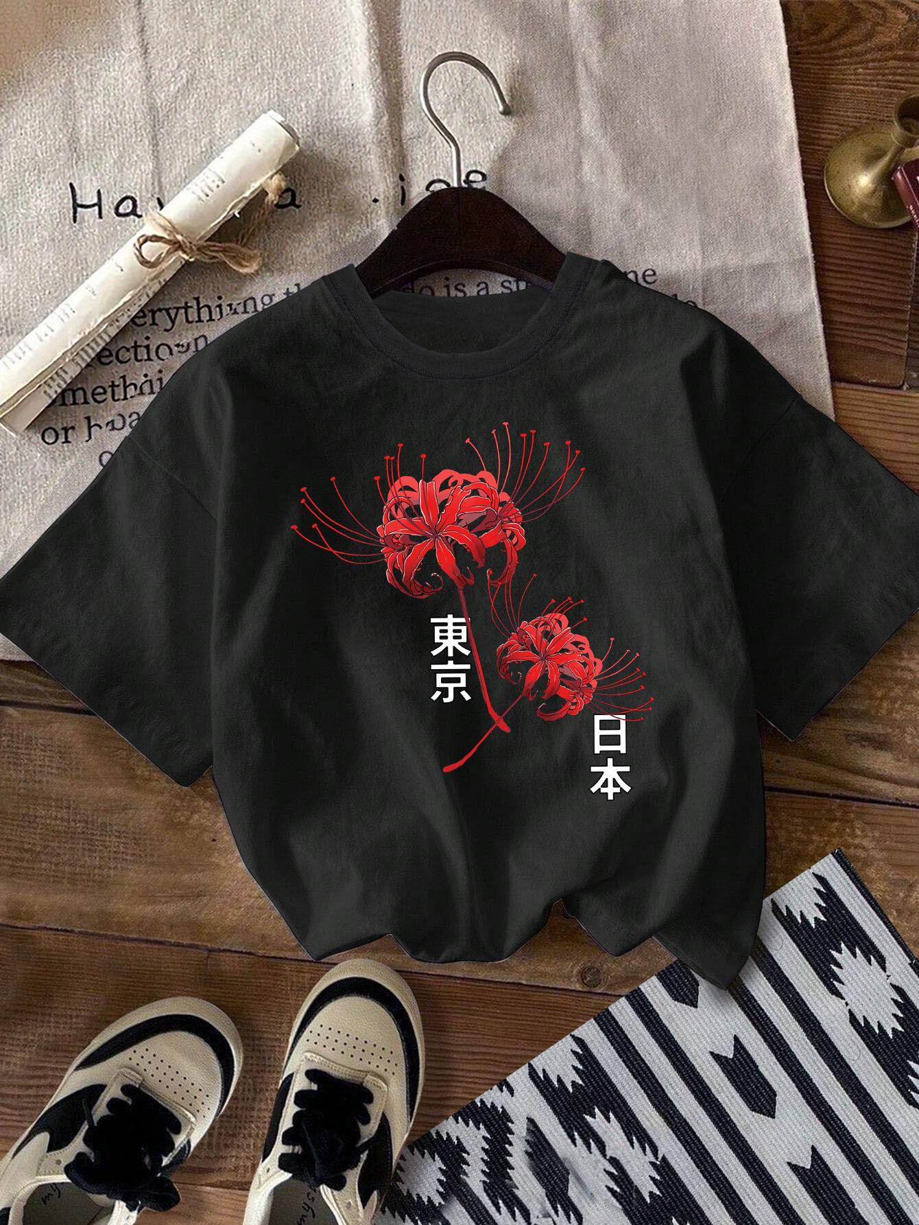 Japanese Tokyo Red Spider Lily T-Shirt Higanbana Graphic Tee Anime Manga Aesthetic Harajuku Streetwear Fashion Tops Unisex S