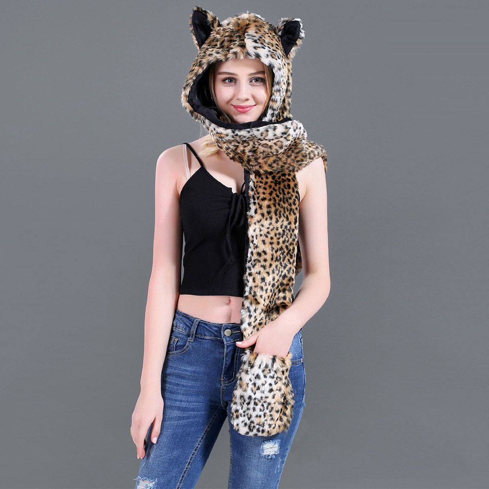 Animal Cap With Scarf Gloves Warm Hat Scarf Set Winter Plush Beanie Cap  for Men Women