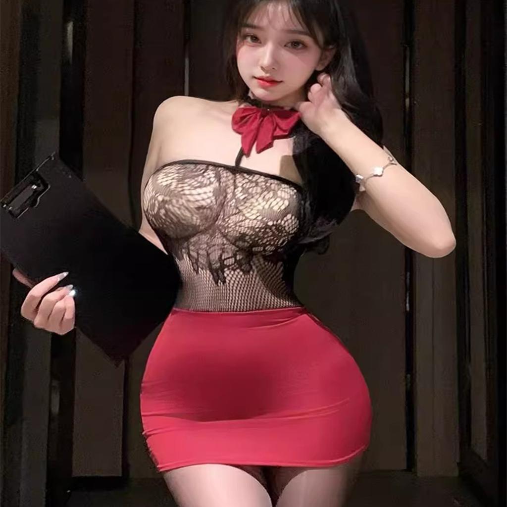 Sexy Ladies Black Red Color French Maid Role-Playing Camisole Lingerie Halloween Female Student Outfit Exotic Set Mini Dress