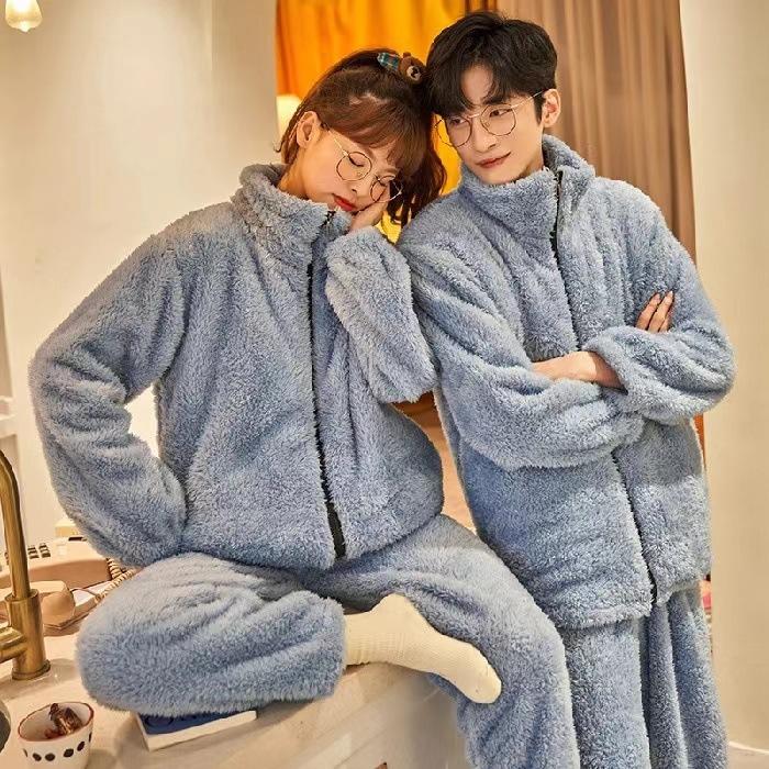 Polka Dot Coral Fleece Couple Pajamas Set Winter Zipper Flannel Men'S Loose Casual Loungewear Girls