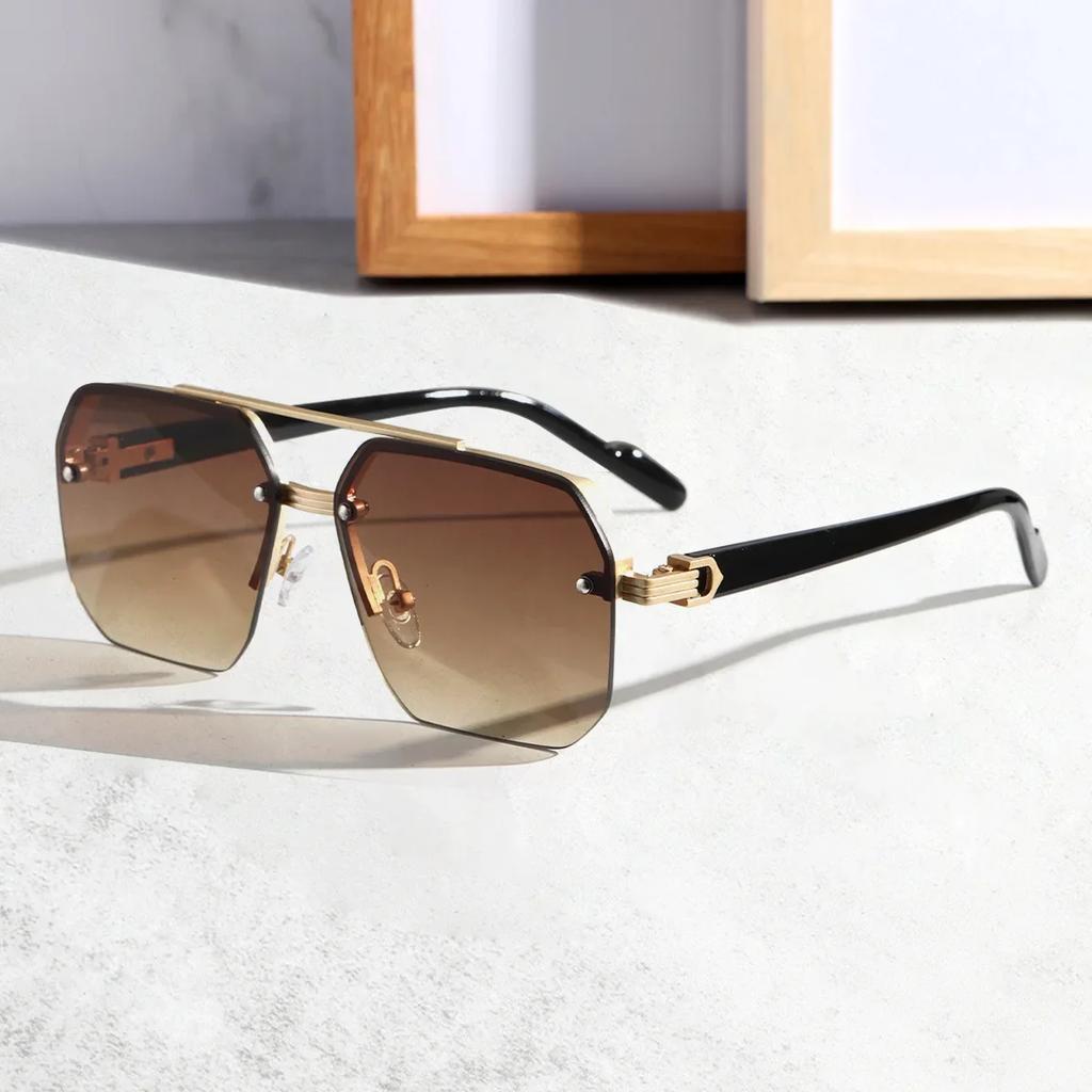 New Men Double Bridge Square Frame Polygon Women Sunglasses Fashion Metal Glasses Street Shot High-Grade Sunglasses