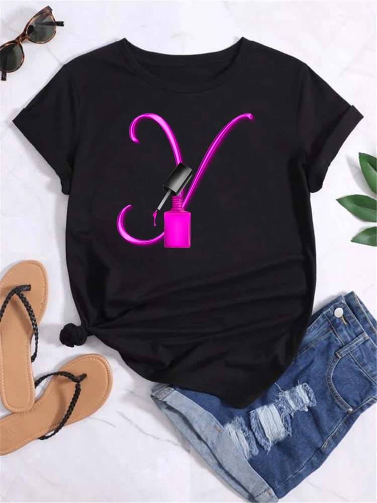 Maycaur Custom Name Letter Combination Fashion Women T-shirt Nail Polish Letter Font A B C D E F G Short Sleeve Tops Female Tees