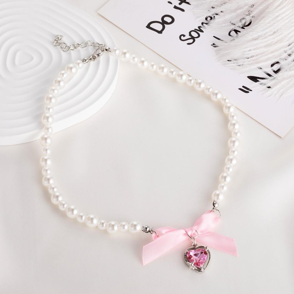 Women Romantic Pink Heart Bow Pearl Necklace Girl Sweet Collar Choker Clavicle Chain Party Jewelry