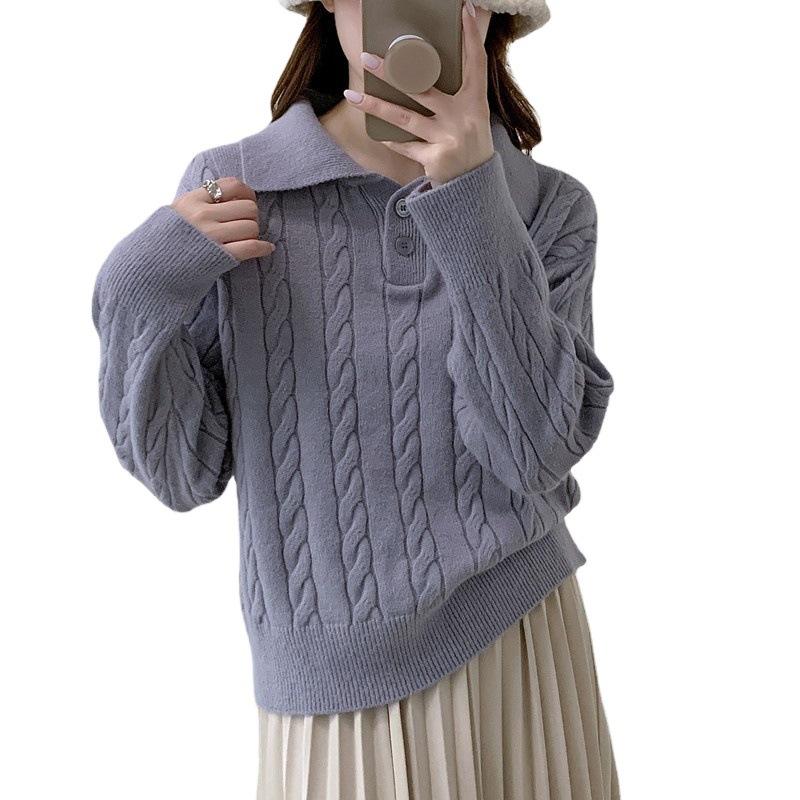 Women's Sweater POLO Collar Autumn and Winter Vintage Loose Pullover Sweater Knitted Top for Women