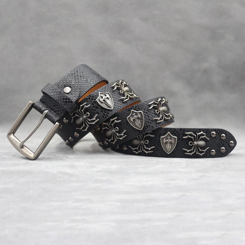Unisex 7-Color 3D Spider Rivet Leather Belt with Snake Print