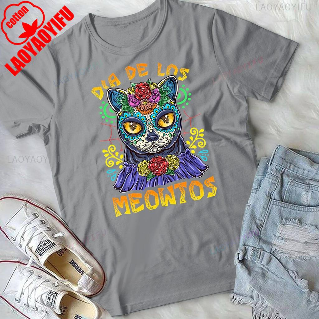 Day of The Dead Dia De Los Muertos Shirt Cat Sugar Skull Unisex Tshirt Floral and Animal Patterned Shirt Cotton Breathable Tee