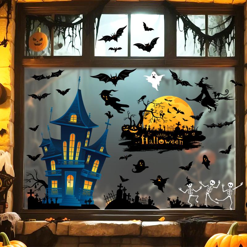 Halloween Window Sticker Pumpkin Witch Bat Castle Pattern Wall Stickers Halloween Decals