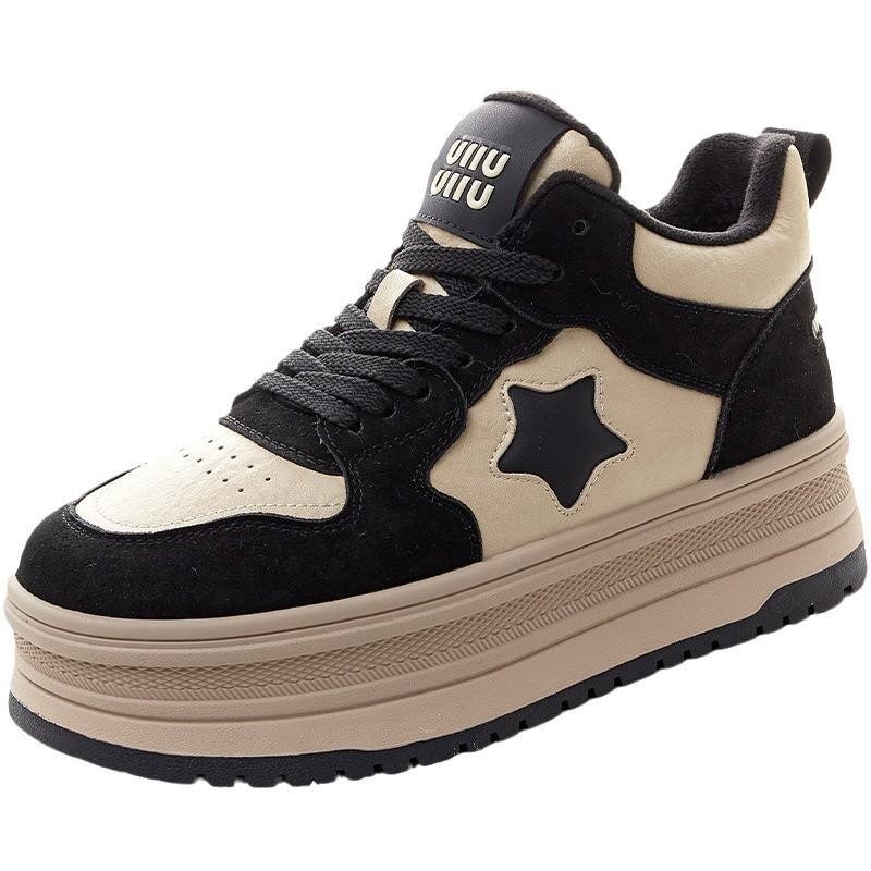 Leather high-top women's autumn and winter new panda star velvet platform sports and leisure cotton shoes