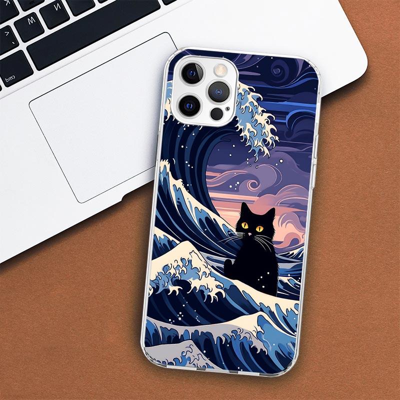 Anime Katze Meer Welle Ästhetische Telefon Fall Für Apple iPhone 11 12 13 15 14 Pro 7 XR X XS Max 8 Plus + Mini SE Individuelle Druck Weichen