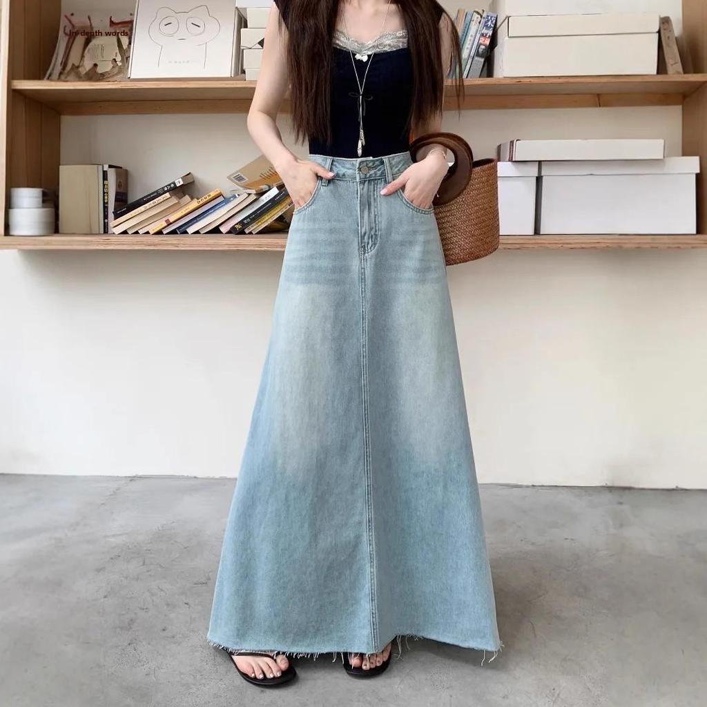 Retro Denim Mini Skirt Women's Spring Large Size Long A- Line Loose Slimming Bodycon Skirt