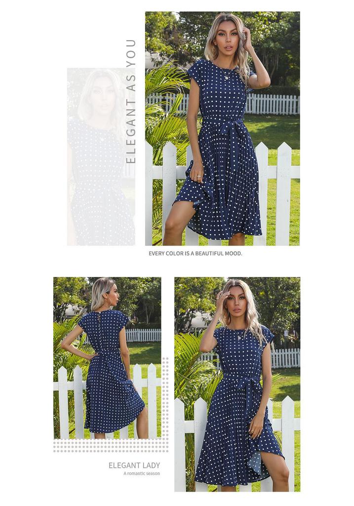 European & American Summer Polka Dot Mid-length Retro Dress with Tie-Up Pleated Short Sleeves