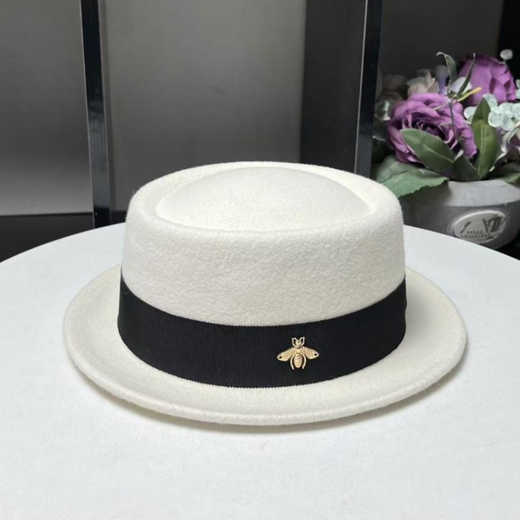 Little Bee French Autumn and Winter Concave Top Flat Edge Woolen Top Hat Women's Small Edge British Casual Hat Felt Hat Travel