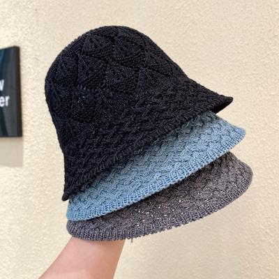 Bucket Hat Women's Spring and Summer Plain and Versatile Fashion Bucket Hat Hollow Face Small Temperament Knitted Basin Hat