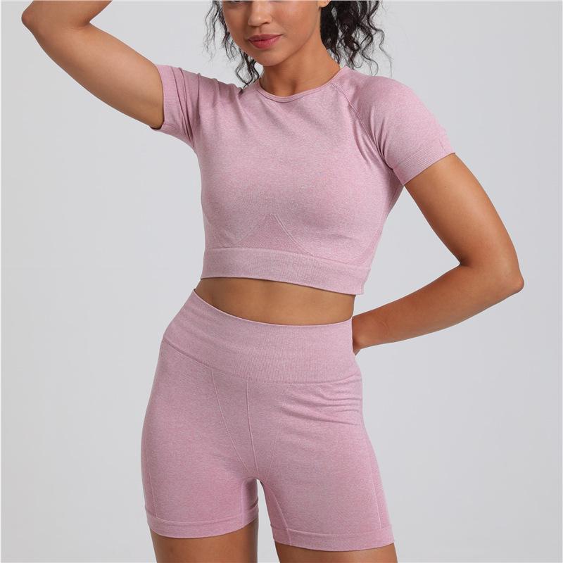 

Трансграничный спортивный комплект: Короткий рукав и шорты облегающего кроя для бега и йоги весной/летом Large розовый