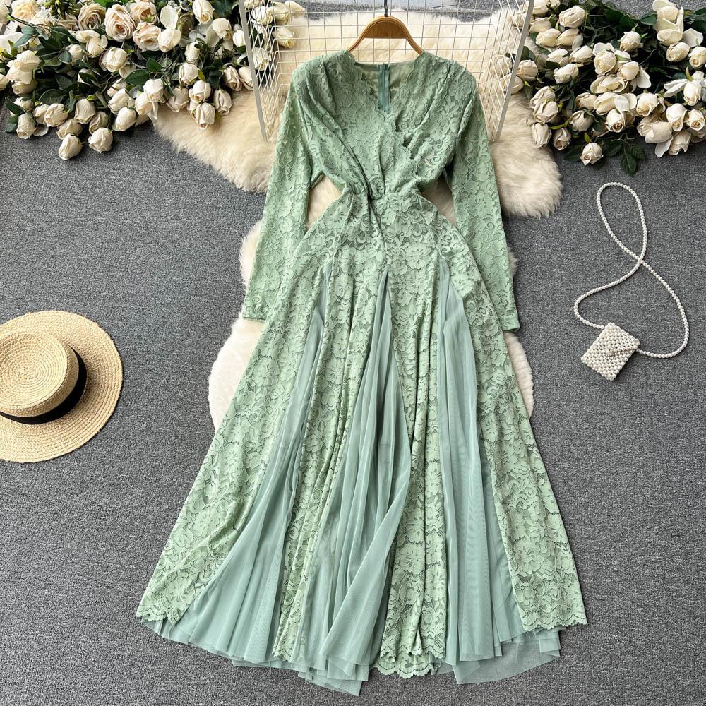 Abiti da Donna Francesi Delicati Eleganti in Pizzo con Cuciture in Rete Estate Autunno Manica Lunga Abiti da Ballo Sera Compleanno