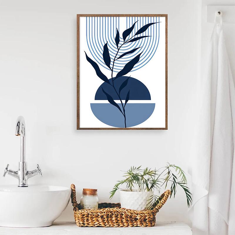Set of 6 Blue Boho Leaves Canvas Painting Simple Lines Colour Block Nordic Modern Wall Art Home Bedroom Decoration Poster