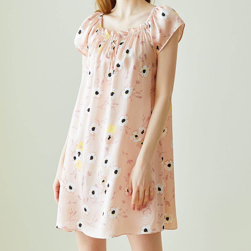 Women's Summer Short Sleeve Printed 100% Mulberry Silk Pajama Dress - Mid-length, Plus Size, Loose-fit Nightgown