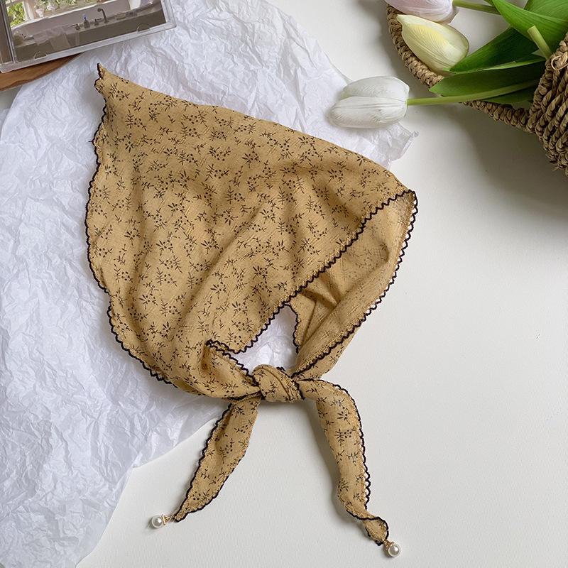Triangle Scarf Scarf Female Retro Literary Floral Cotton and Linen Neck Protector Decorative Pearl Small Pendant Small Scarf Headband