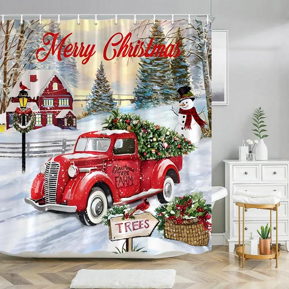 Xmas Decorative Shower Curtains Fireplace Christmas Tree Winter New Year Gift Bathroom Decor Fabric Bath Curtian Hanging