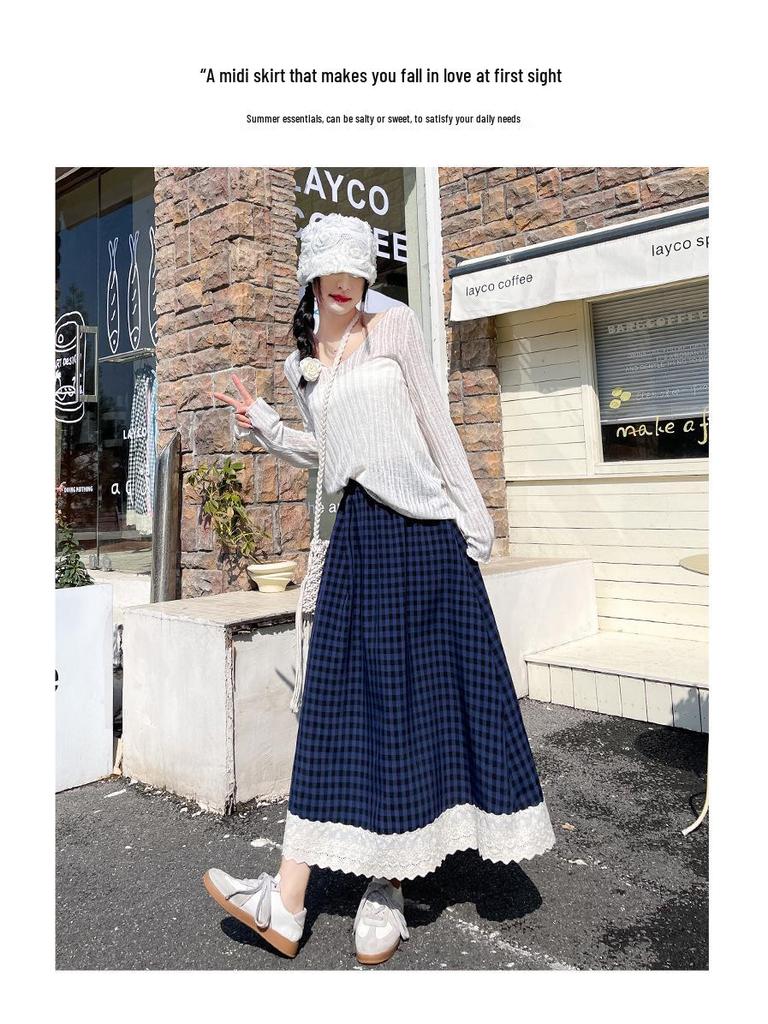 Women's High Waist Checkered Lace Trim A-line Midi Skirt (2025)