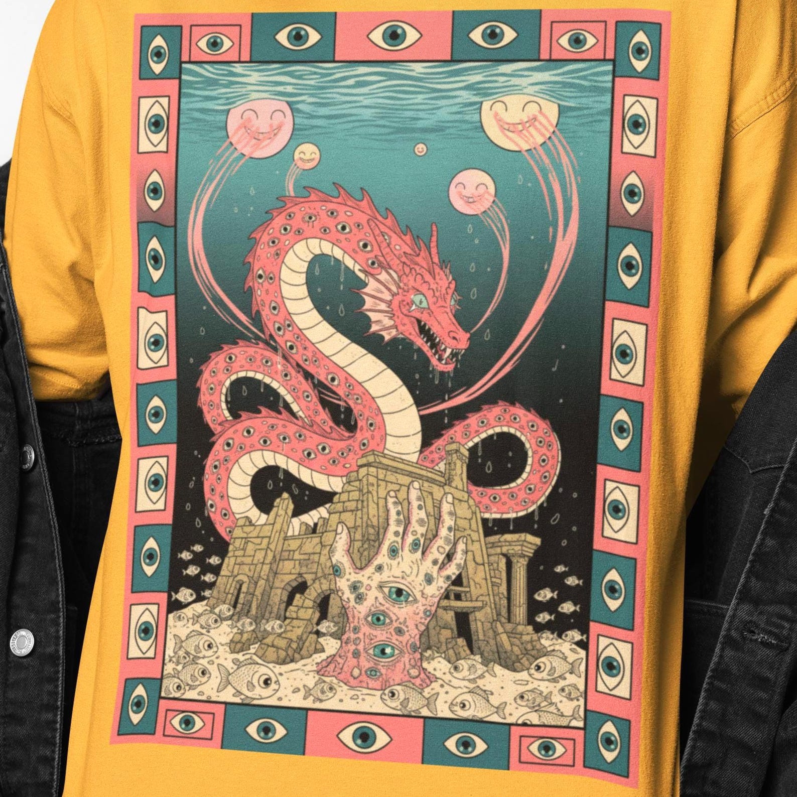 Mystical Dragon Shirt | Occult Eye Graphic Tee | Surreal Fantasy Creature | Ancient Ruins Art | Cosmic Esoteric Shirt M