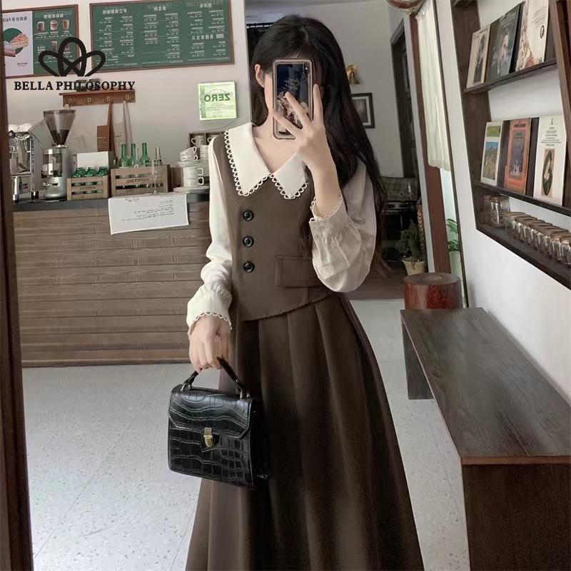 French Vintage Stitching Fake Two-piece Long-sleeved Dress Women's Spring and Autumn Doll Collar Elegant Long Dress