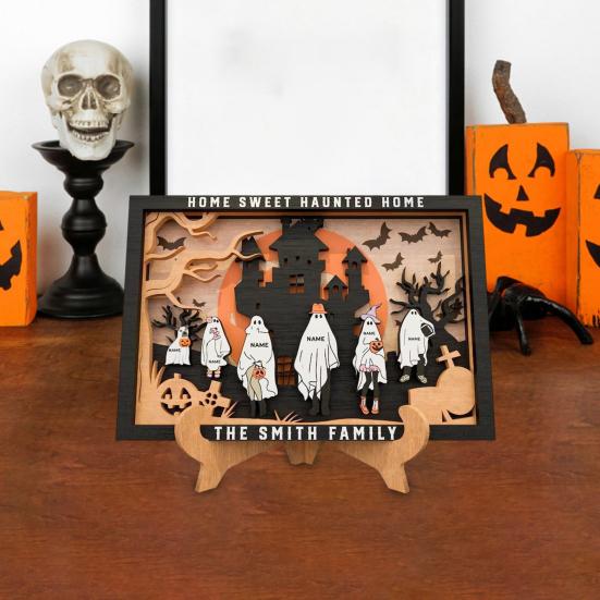 Halloween Ghost Family Photo Frame Wooden Tabletop Display Frame with Stand for Farmhouse Home Living Room Bedroom Shelf Decor