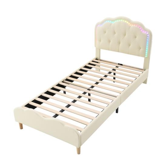 Upholstered Bed Running Light Effect Higher Bed Feet Without Mattress Wavy Headboard Changing LED Strip Sleep Faux Leather Dorm Apartment Single Bed