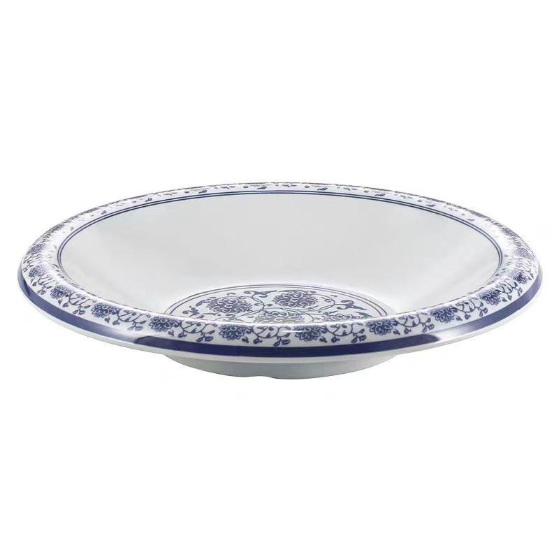 Modrobílý hluboký talíř z melaminu ve stylu porcelánu pro ryby, polévky a komerční použití